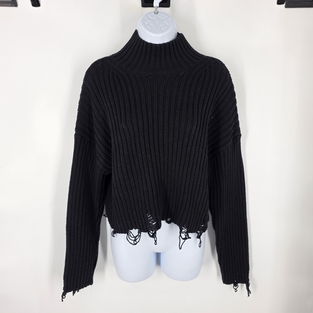 Rita Ora x Primark Black Distressed Cropped Ribbed Sweater Women Large